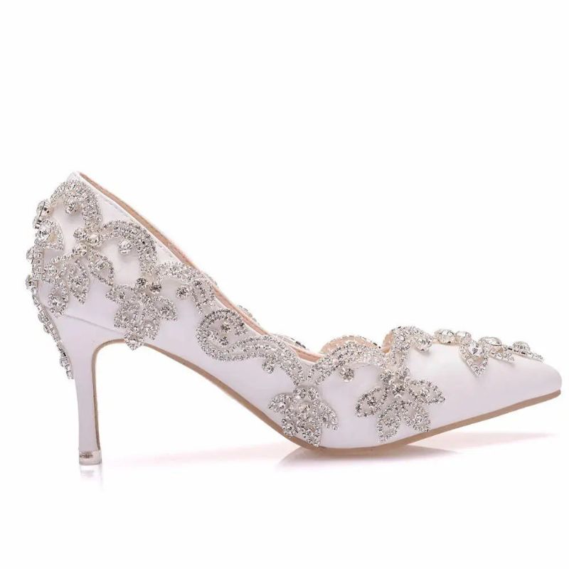 Vrouwen Schoenen Hoge Hakken Bruiloft Dunne 7cm Witte Diamant Glinsterende Avondjurk Bruid Pompen - Wit