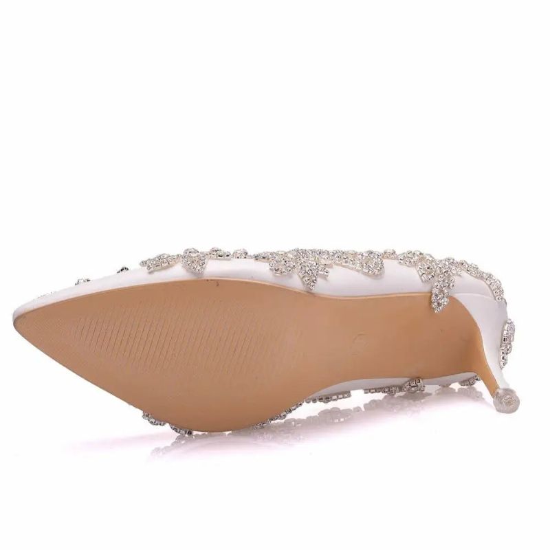 Vrouwen Schoenen Hoge Hakken Bruiloft Dunne 7cm Witte Diamant Glinsterende Avondjurk Bruid Pompen - Wit