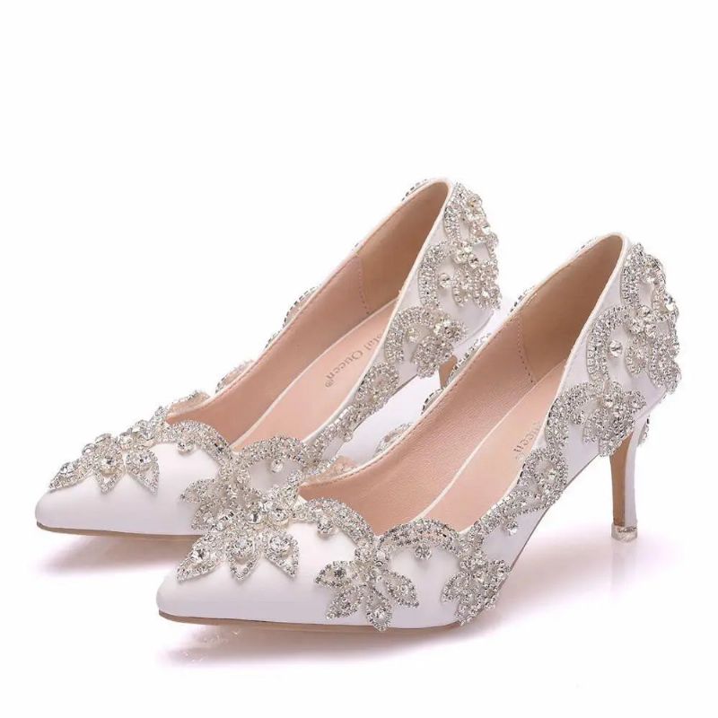 Vrouwen Schoenen Hoge Hakken Bruiloft Dunne 7cm Witte Diamant Glinsterende Avondjurk Bruid Pompen - Wit