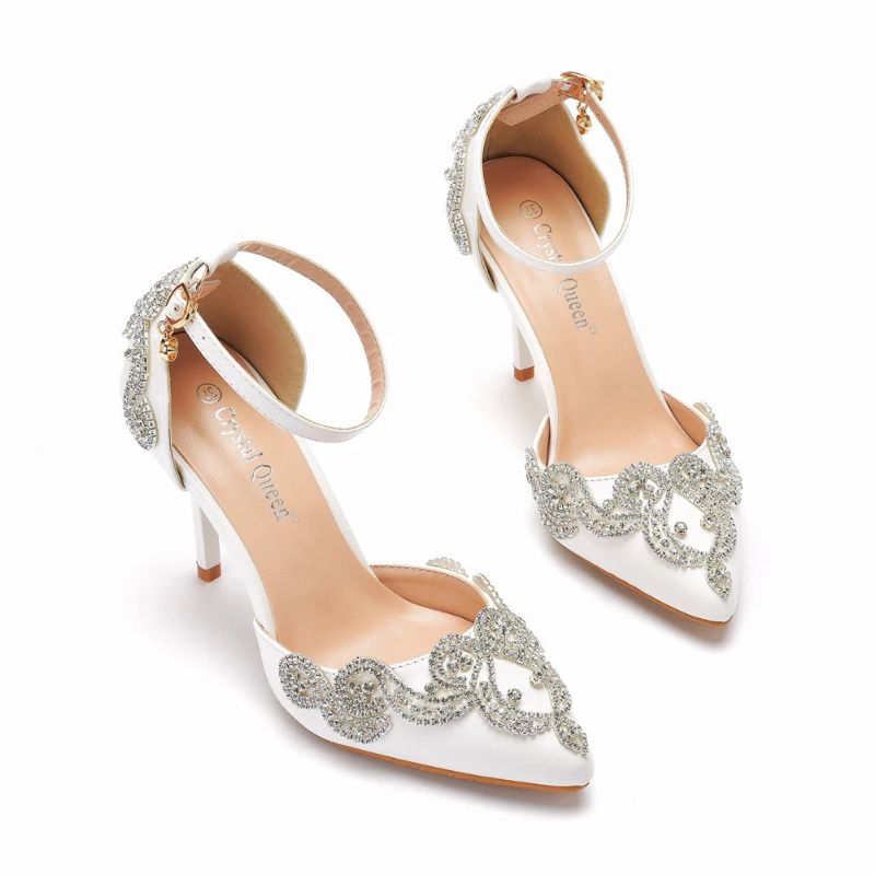 Zomer Bruids Enkelbandje Puntige Neus Luxe Prinses Trouwschoenen Dames Feest Prom Sandalen - Wit