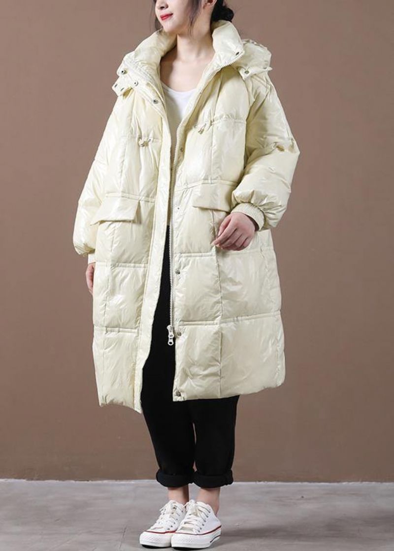 2024 Beige Donsjack Dames Loszittende Winterjas Met Capuchon Zakken Met Ritssluiting Fijne Winteroutwear