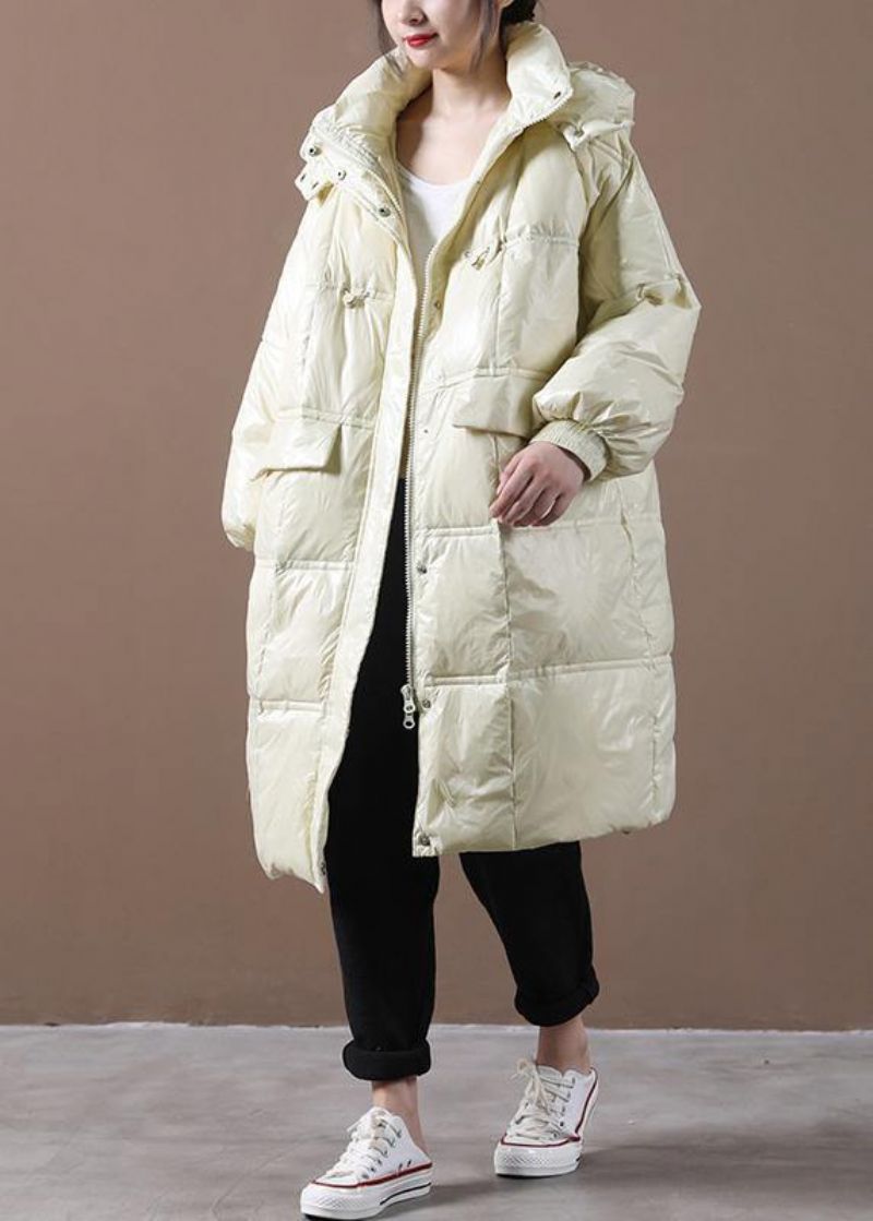 2024 Beige Donsjack Dames Loszittende Winterjas Met Capuchon Zakken Met Ritssluiting Fijne Winteroutwear - Dames donsjacks