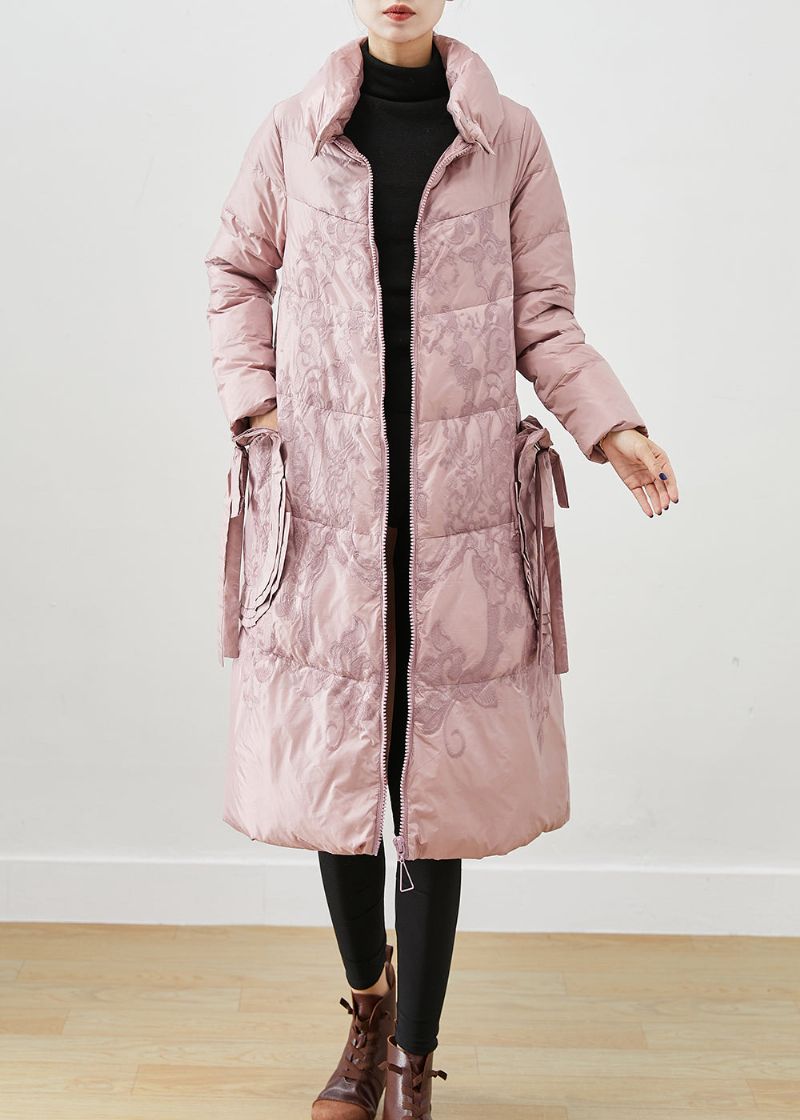 Art Pink Geborduurde Strik Dikke Eendendons Puffers Jassen Winter - Dames donsjacks