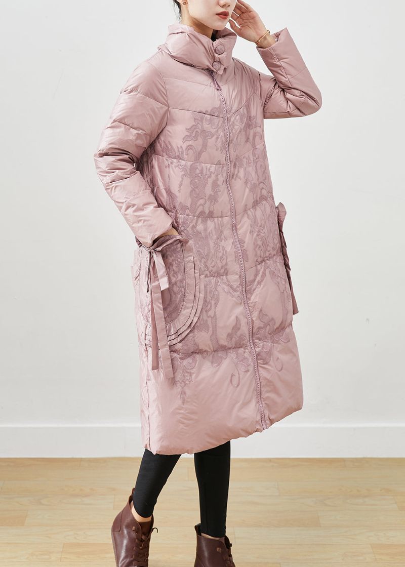 Art Pink Geborduurde Strik Dikke Eendendons Puffers Jassen Winter - Dames donsjacks