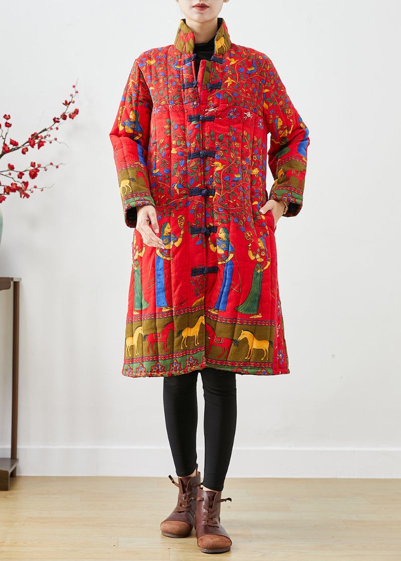 Art Red Mandarin Kraag Print Fijne Katoenen Gevulde Parka Winter - Dames donsjacks