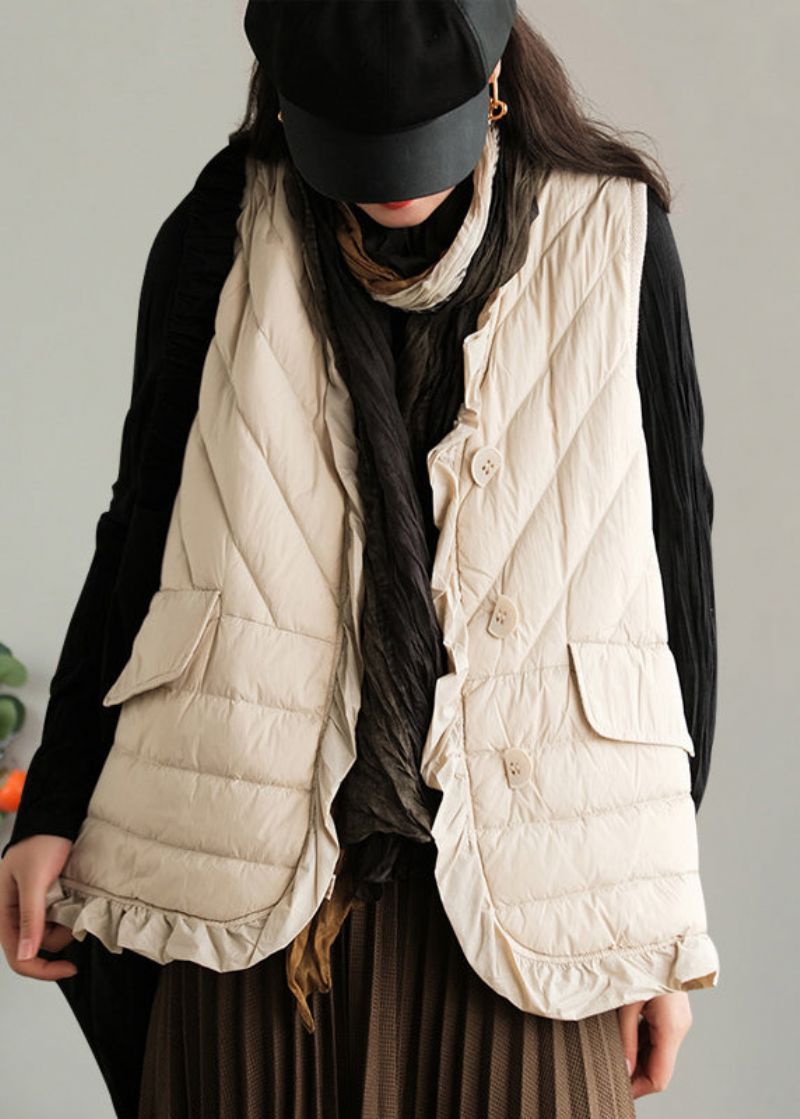 Beige Mouwloos Vest Met Patchwork En Eendendons Met Ruches