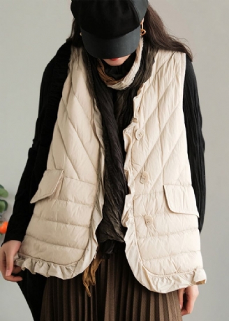 Beige Mouwloos Vest Met Patchwork En Eendendons Met Ruches