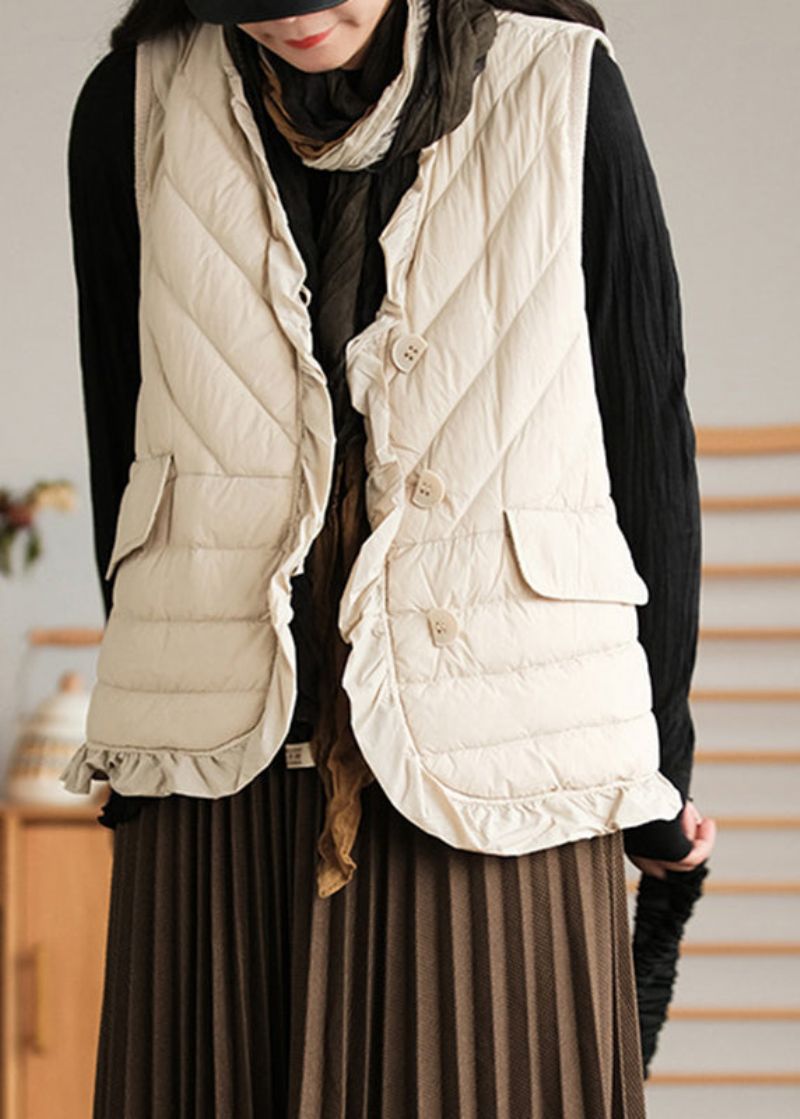 Beige Mouwloos Vest Met Patchwork En Eendendons Met Ruches - Beige