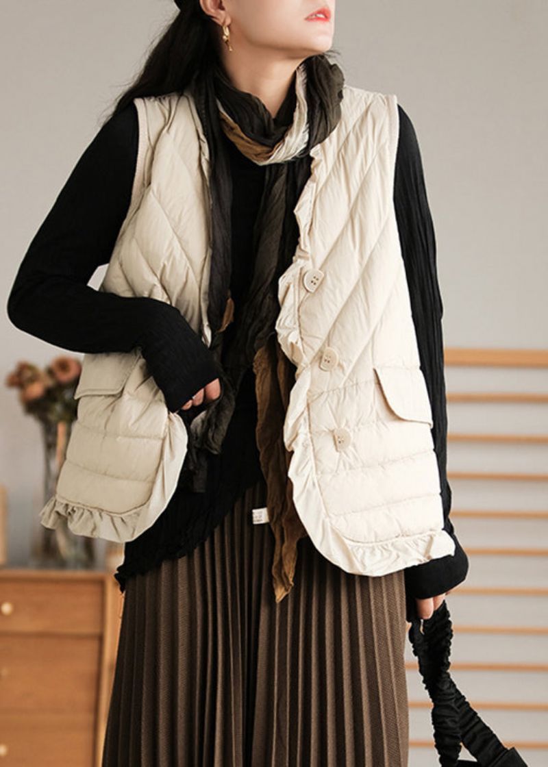 Beige Mouwloos Vest Met Patchwork En Eendendons Met Ruches - Beige