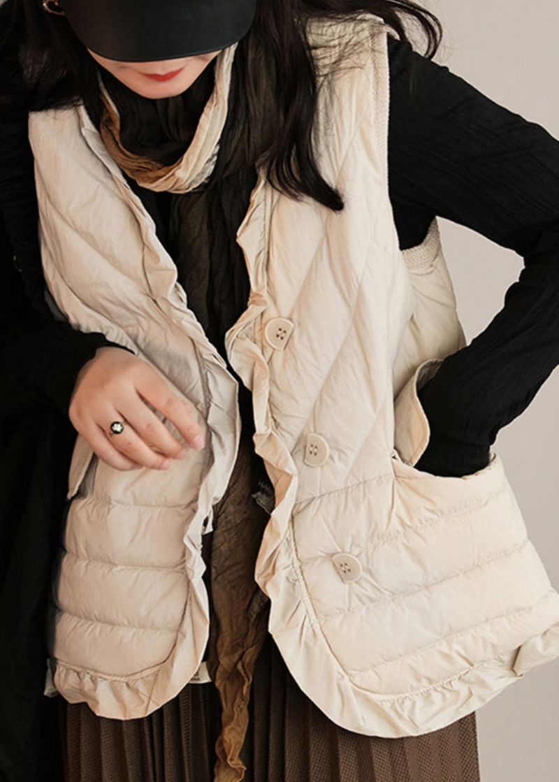 Beige Mouwloos Vest Met Patchwork En Eendendons Met Ruches - Beige