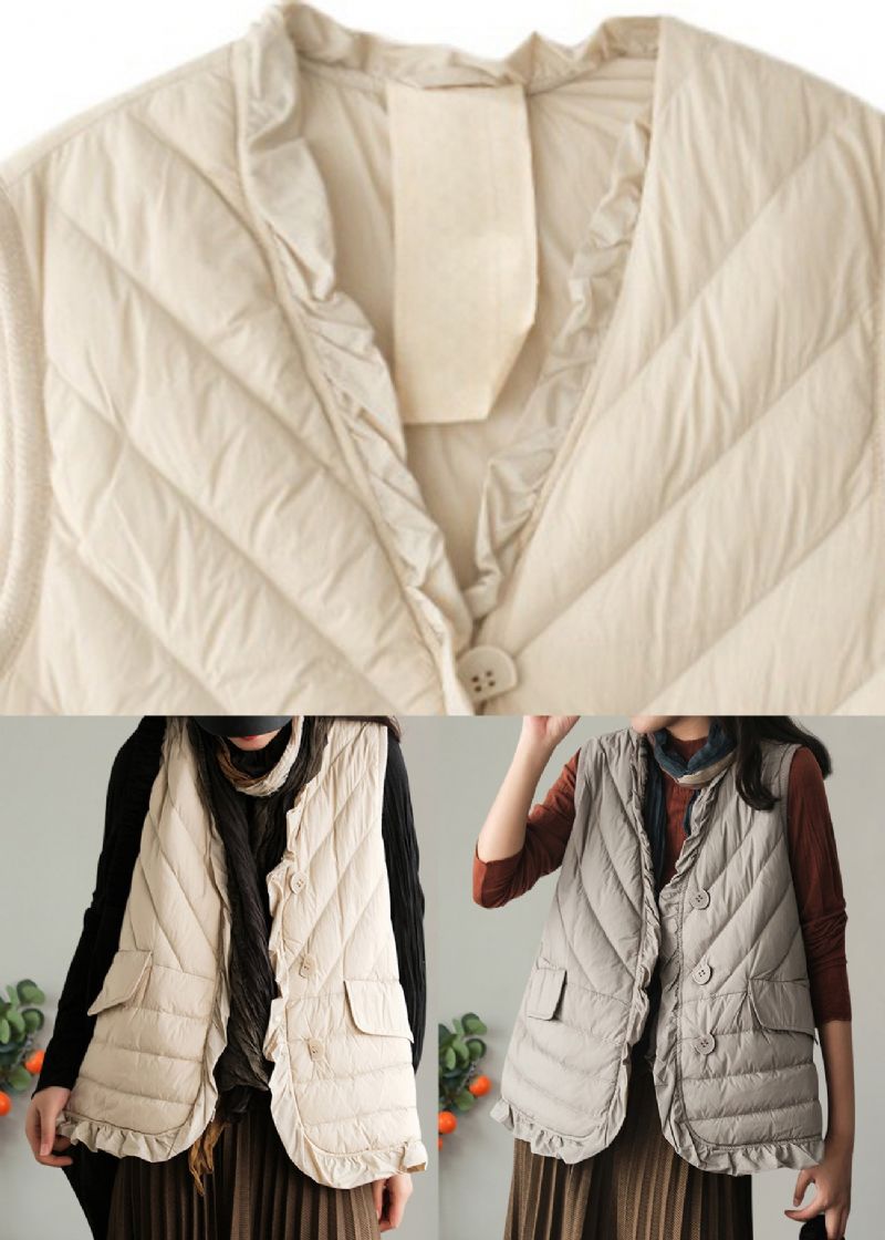 Beige Mouwloos Vest Met Patchwork En Eendendons Met Ruches - Beige