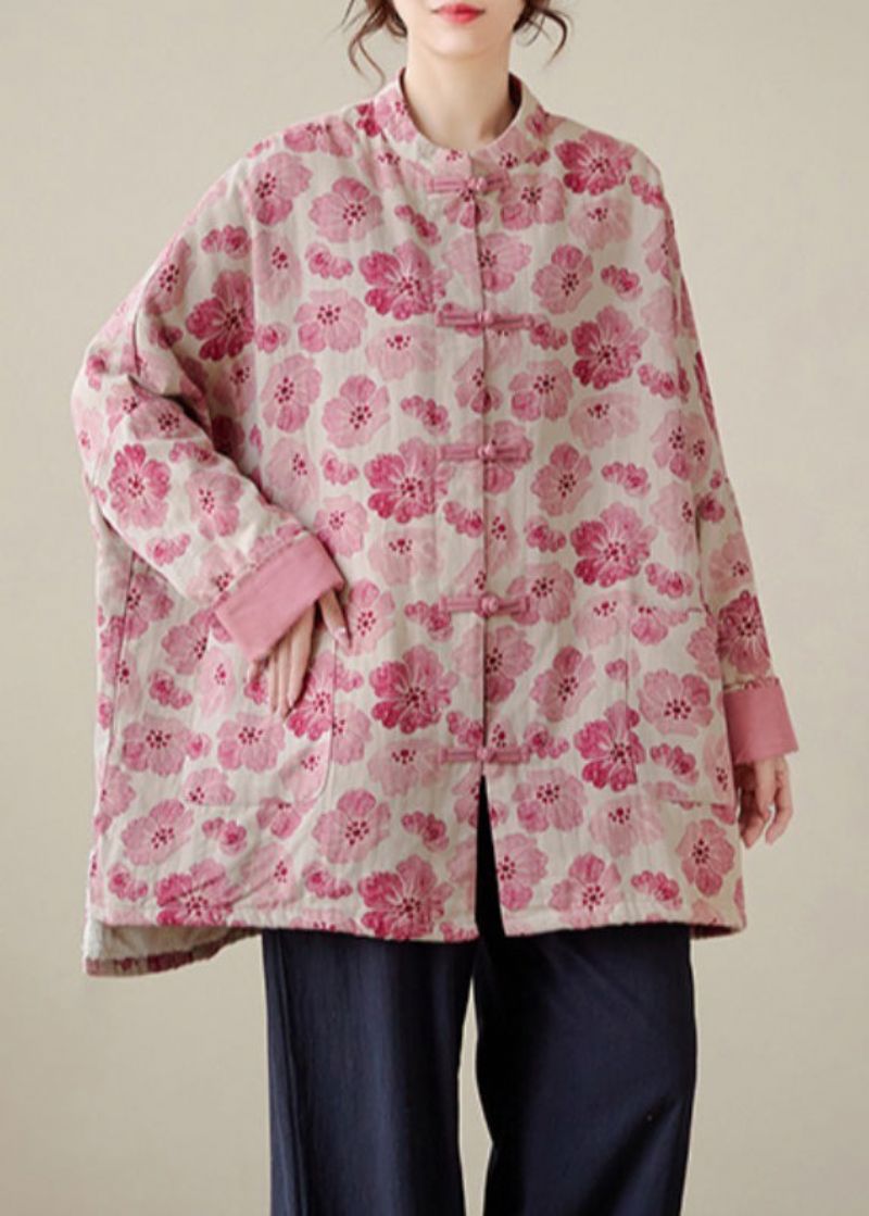 Biologische Roze Oversized Print Fijne Katoenen Gevulde Jas Uitloper Winter - Dames donsjacks