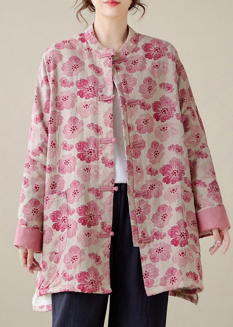 Biologische Roze Oversized Print Fijne Katoenen Gevulde Jas Uitloper Winter - Dames donsjacks