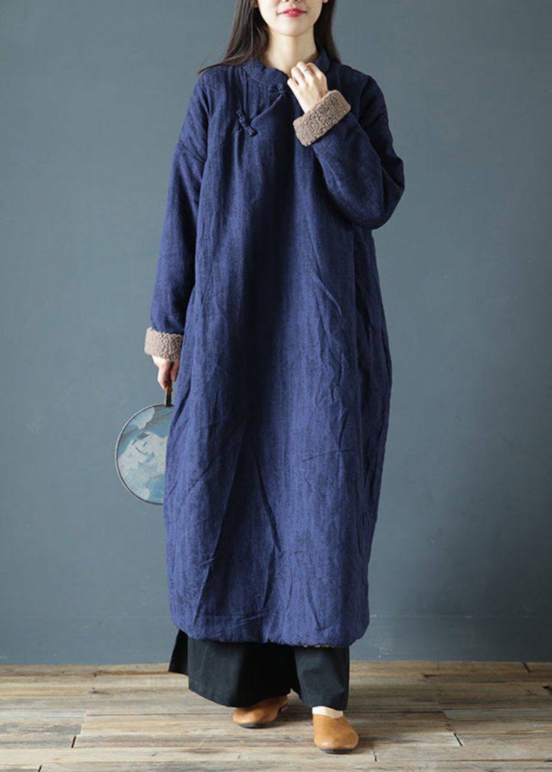 Blauwe Opstaande Kraag Met Knoop Warme Fleece Dikke Lange Parka Winter - Blauw