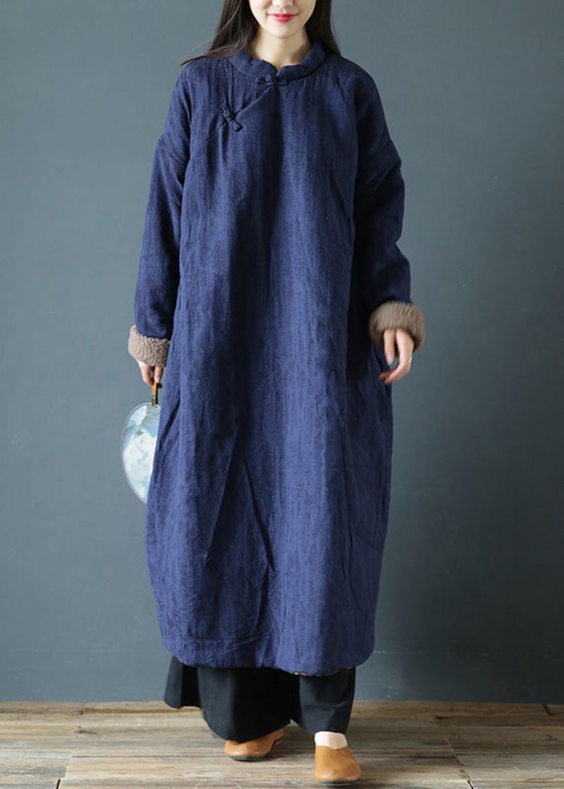 Blauwe Opstaande Kraag Met Knoop Warme Fleece Dikke Lange Parka Winter - Blauw