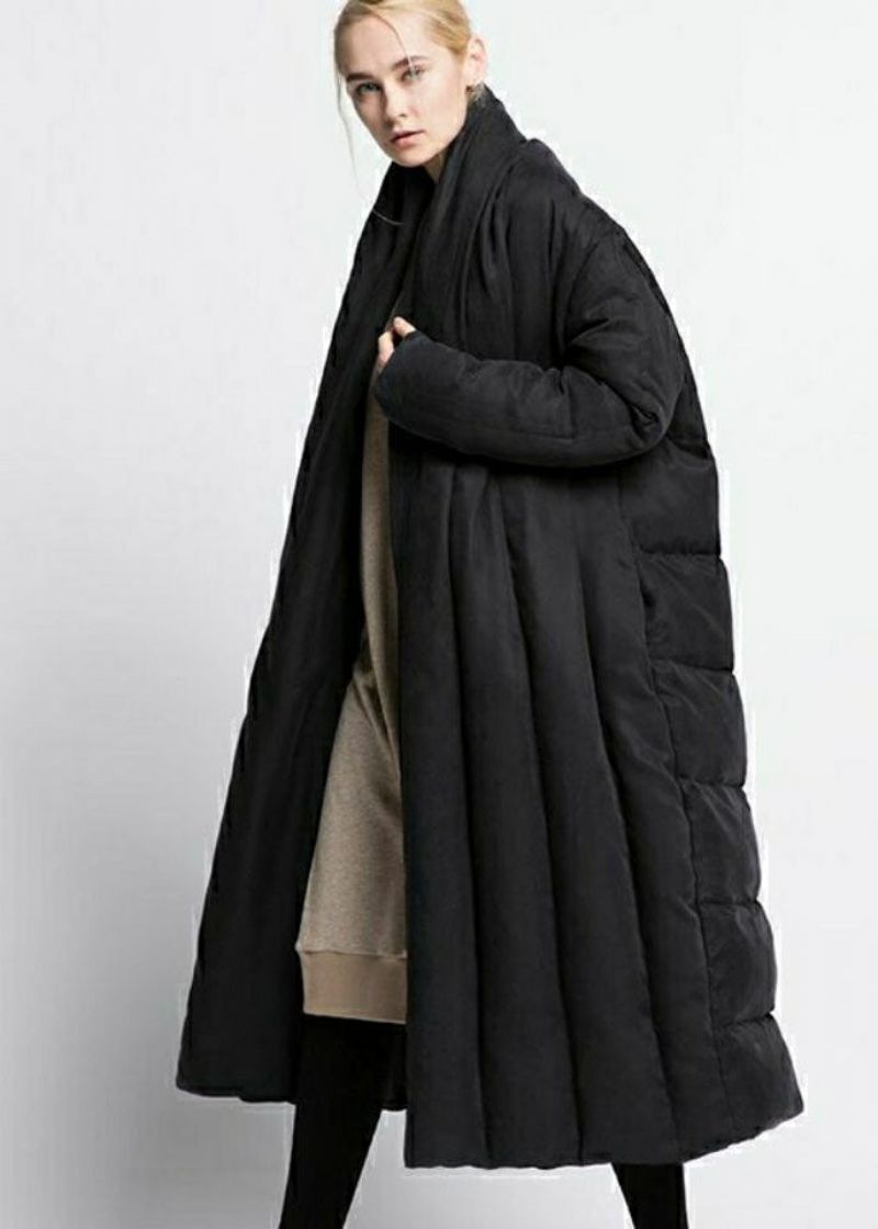 Boheemse Zwarte Oversized Patchwork Eendendons Pufferjack Met V-hals Winter