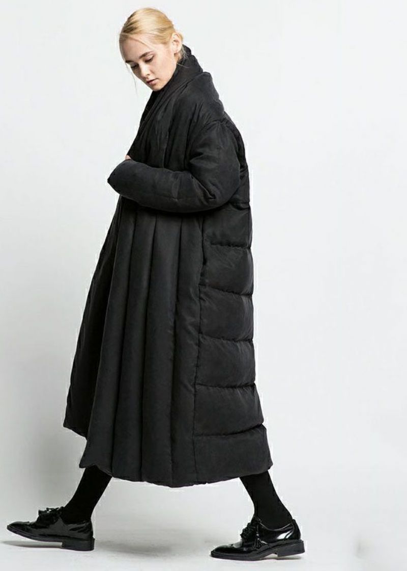 Boheemse Zwarte Oversized Patchwork Eendendons Pufferjack Met V-hals Winter - Dames donsjacks