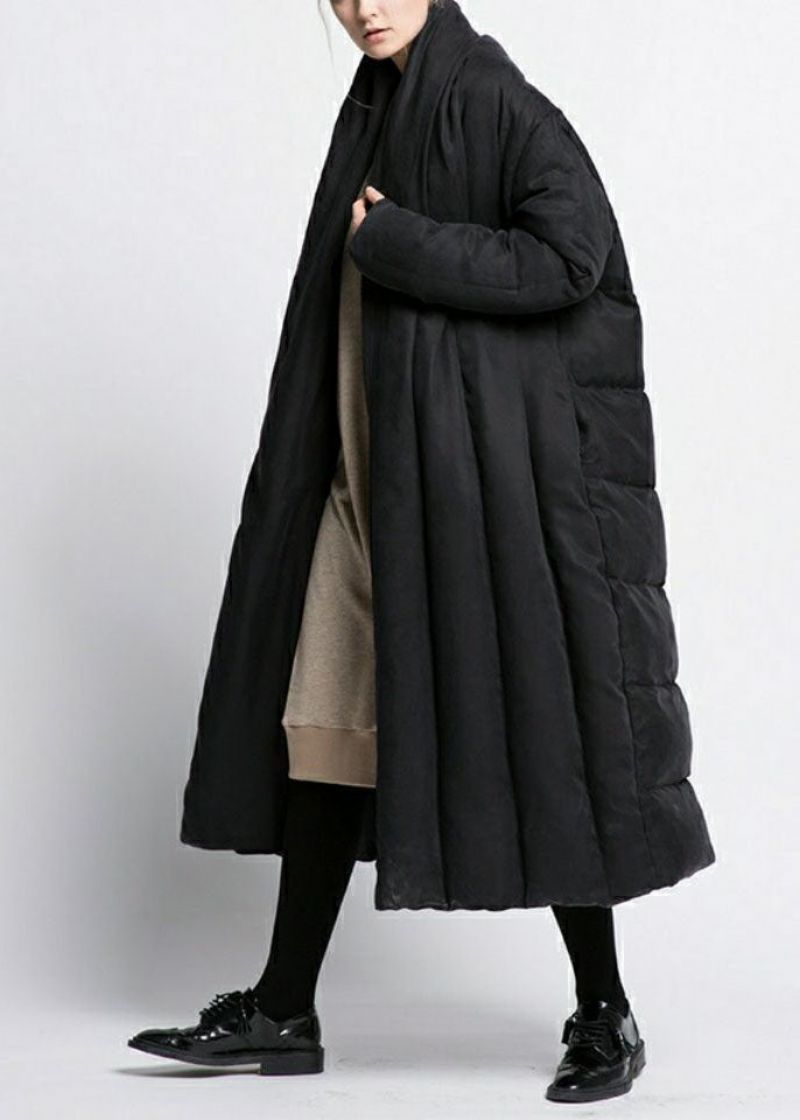 Boheemse Zwarte Oversized Patchwork Eendendons Pufferjack Met V-hals Winter - Dames donsjacks