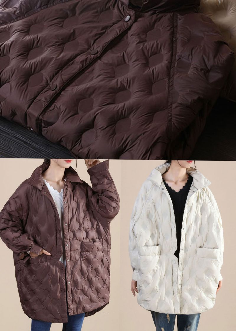 Boho Beige Zakken Patchwork Casual Winter Duck Down Jassen - Koffie