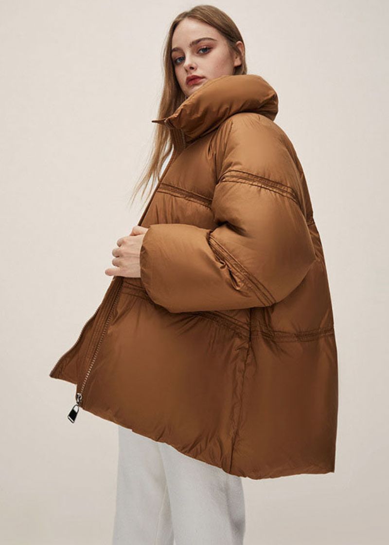 Boho Bruin Opstaande Kraag Dikke Eendendons Pufferjack Met Ritssluiting Winter - Dames donsjacks