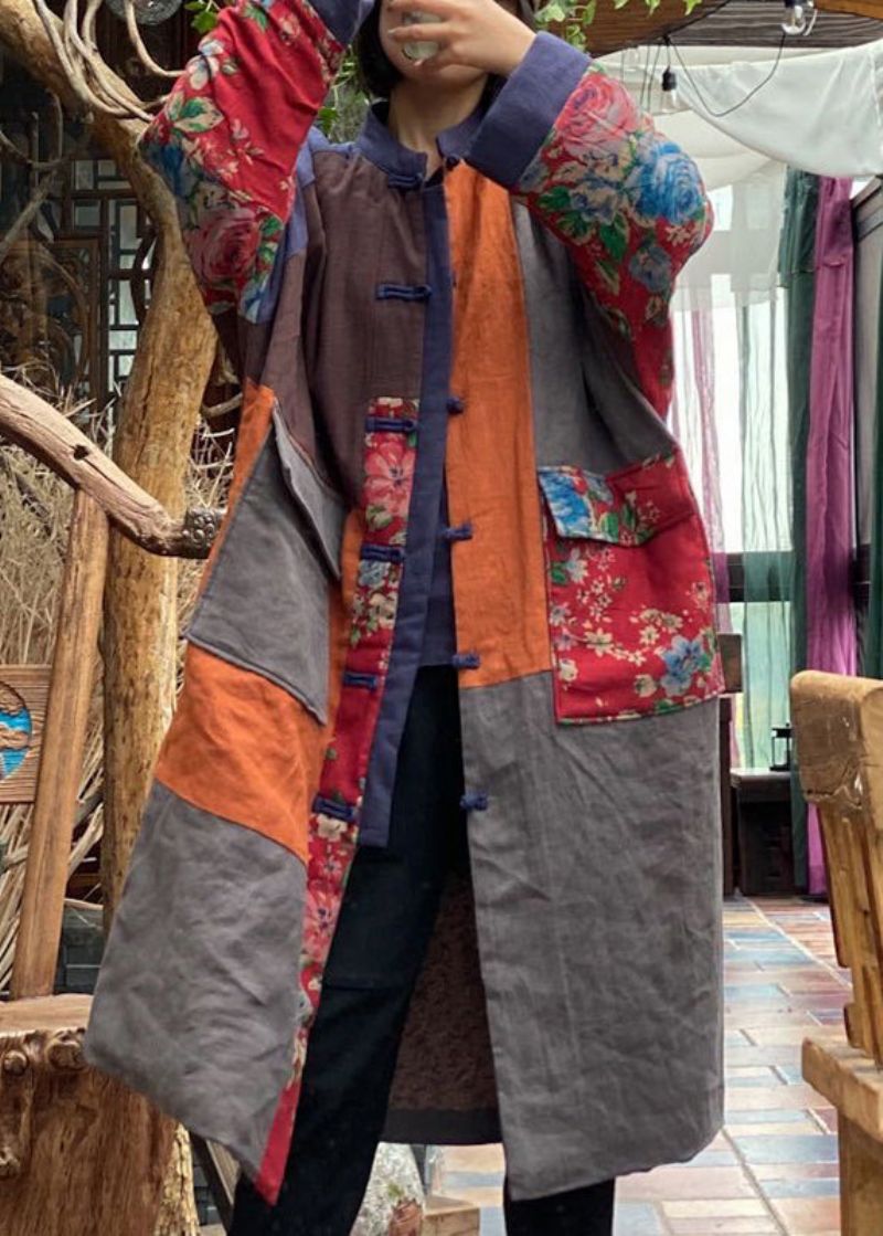 Boho Colorblock Zakken Patchwork Grote Maten Fijne Katoenen Gevulde Jas Winter - Dames donsjacks