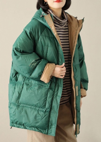 Boho Groene Grafische Losse Winter Eendendons Puffer Met Ritssluiting