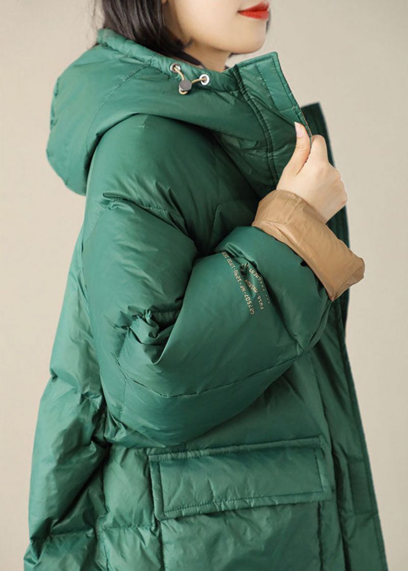 Boho Groene Grafische Losse Winter Eendendons Puffer Met Ritssluiting - Wit