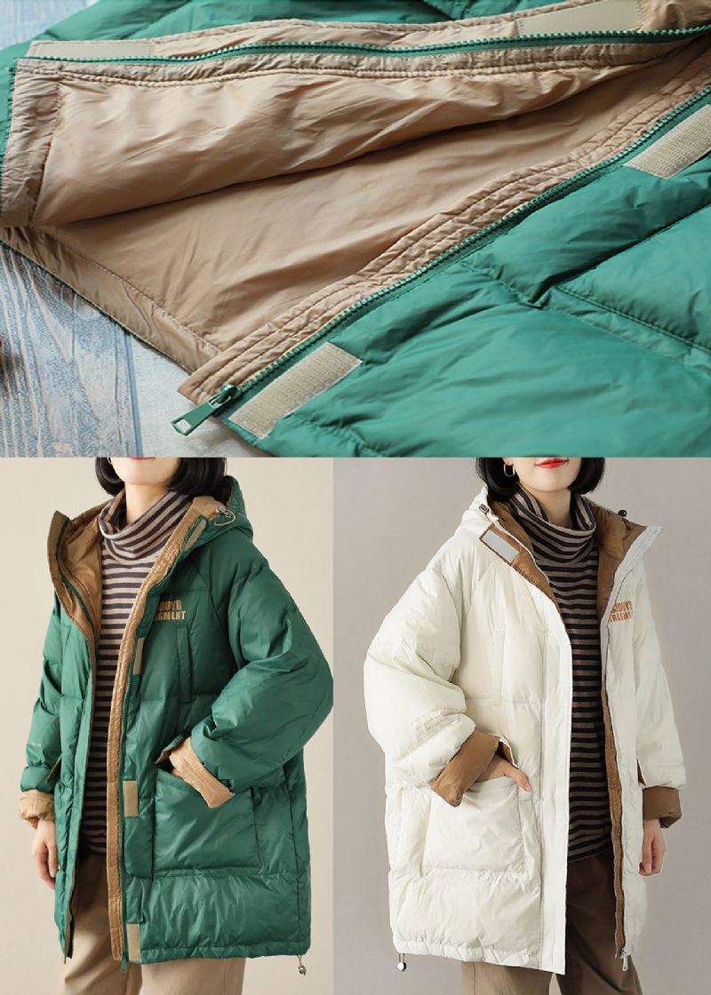 Boho Groene Grafische Losse Winter Eendendons Puffer Met Ritssluiting - Wit