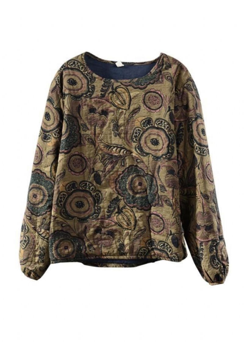 Boho Koffie O-hals Print Fijn Katoen Gevuld Sweatshirt Lente - Dames donsjacks