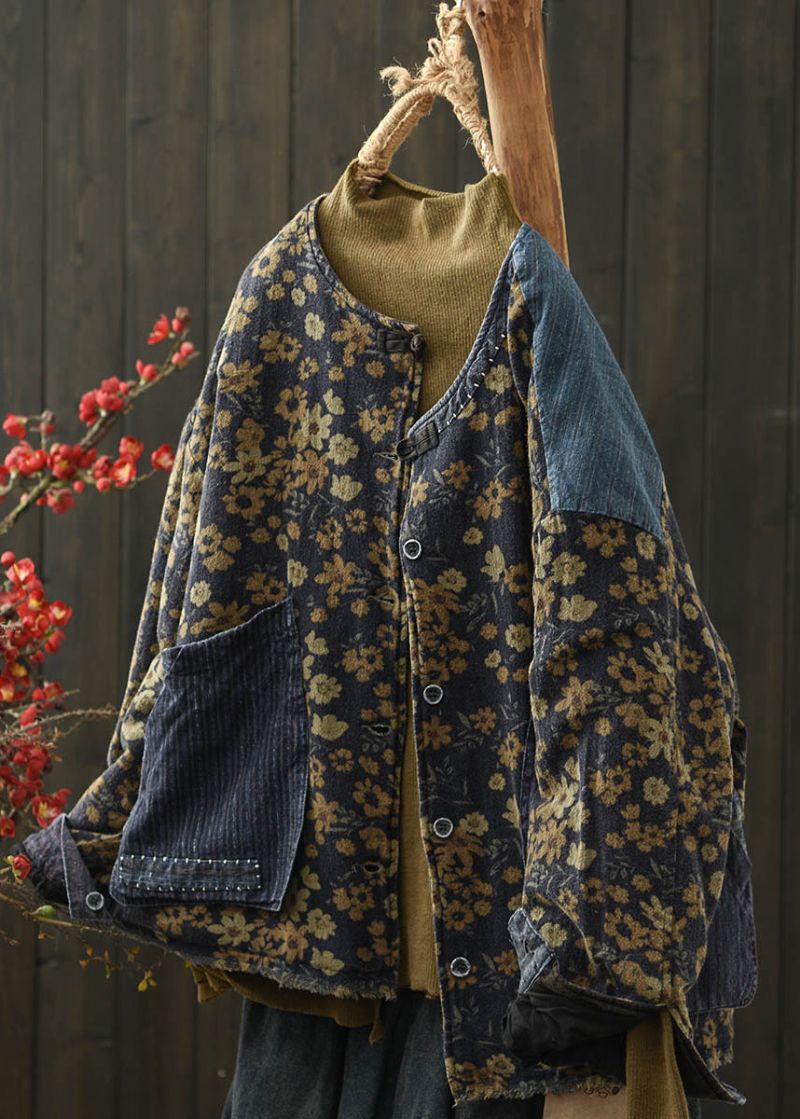 Boho Koffieprint Zakken Denim Patchwork Fijn Katoen Gevuld Jack Winter - Dames donsjacks