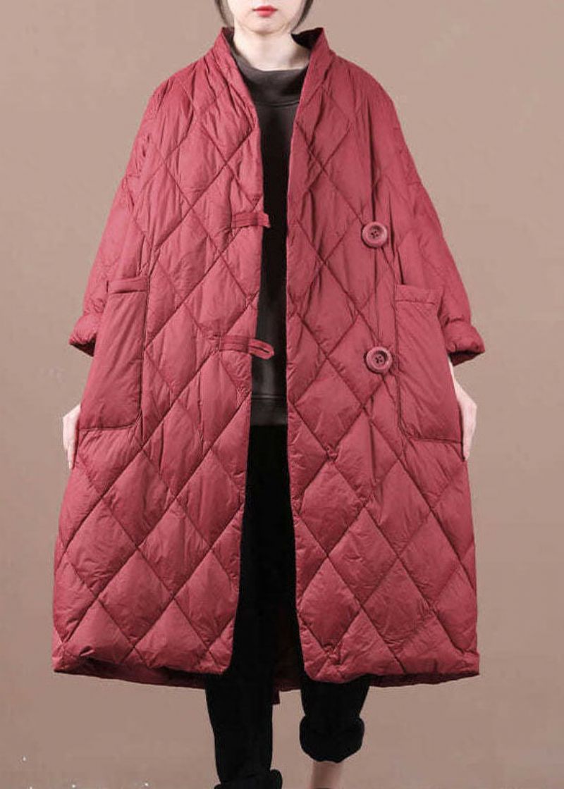 Boho Rode V-hals Knoop Fijne Katoen Gevulde Winterparka - Rood