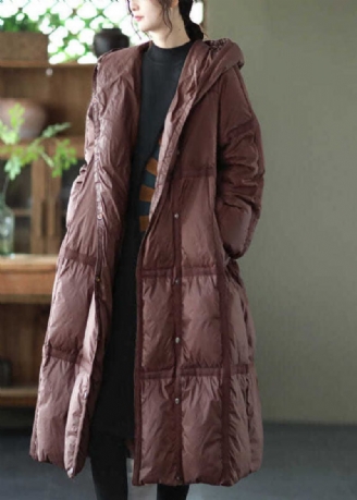 Boutique Bruine Geruite Oversized Eendendons Puffer Lange Jassen Met Capuchon Winter