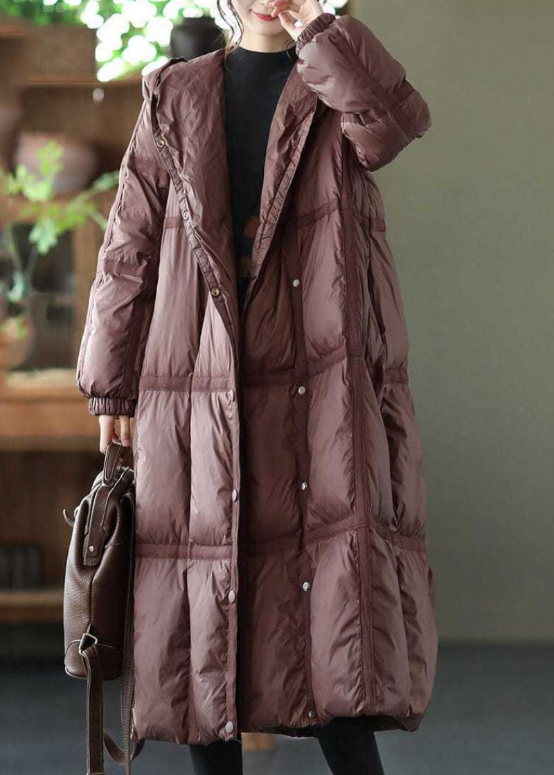 Boutique Bruine Geruite Oversized Eendendons Puffer Lange Jassen Met Capuchon Winter - Dames donsjacks