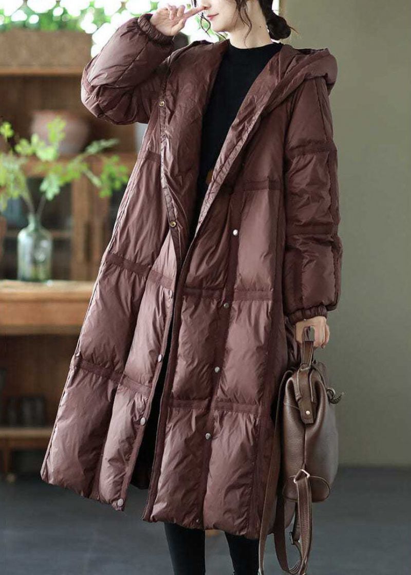 Boutique Bruine Geruite Oversized Eendendons Puffer Lange Jassen Met Capuchon Winter - Dames donsjacks