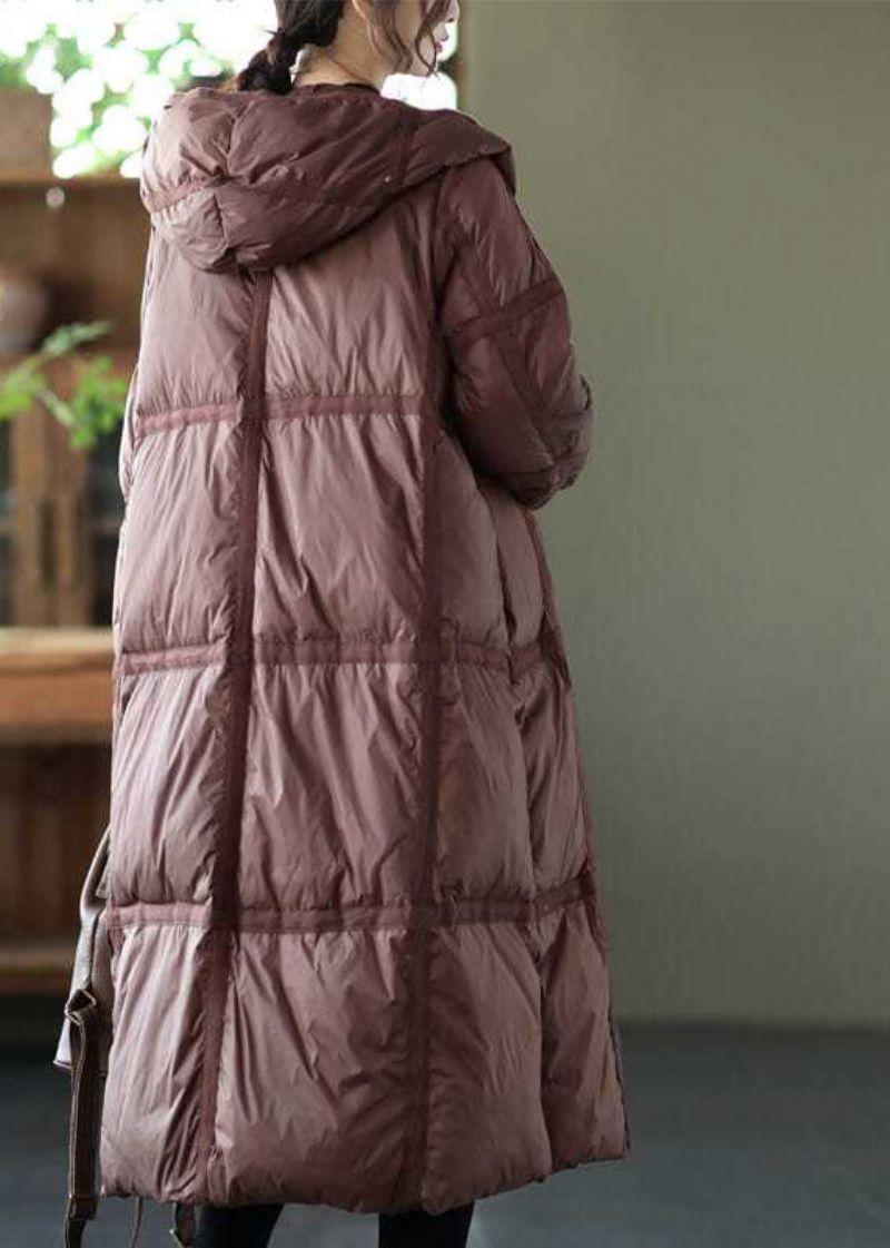 Boutique Bruine Geruite Oversized Eendendons Puffer Lange Jassen Met Capuchon Winter - Dames donsjacks