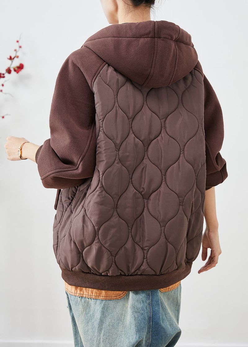 Bruin Patchwork Fijn Katoen Gevuld Pufferjack Met Capuchon Oversized Winter - Dames donsjacks