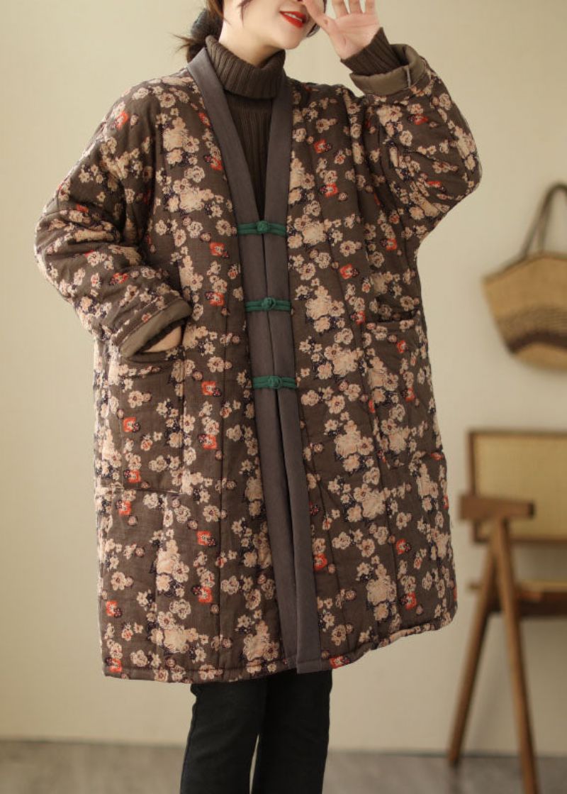 Bruine Zakken Patchwork Knop Parka Met Lange Mouwen - Bruin