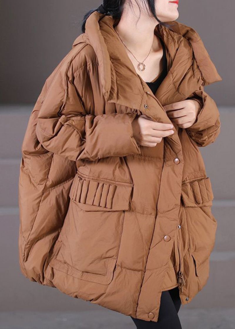 Caramel Warme Eendendons Pufferjack Met Capuchon Oversized Winter - Dames donsjacks