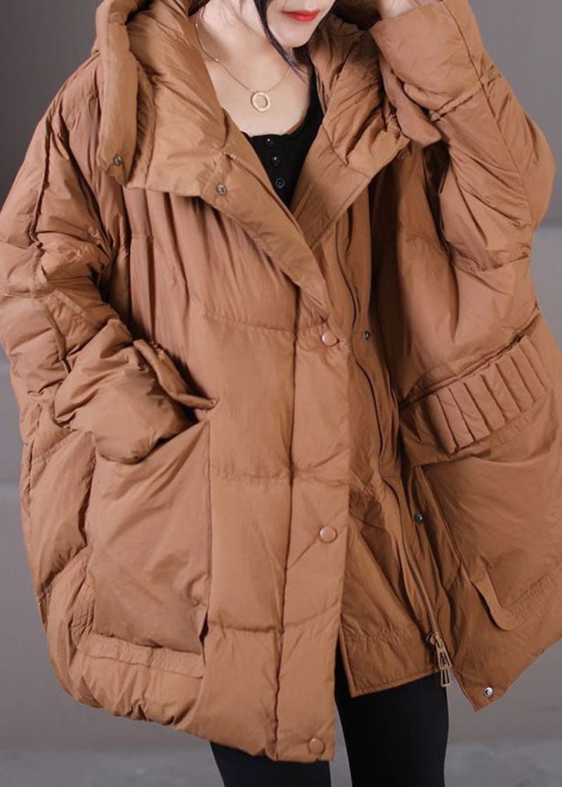 Caramel Warme Eendendons Pufferjack Met Capuchon Oversized Winter - Dames donsjacks