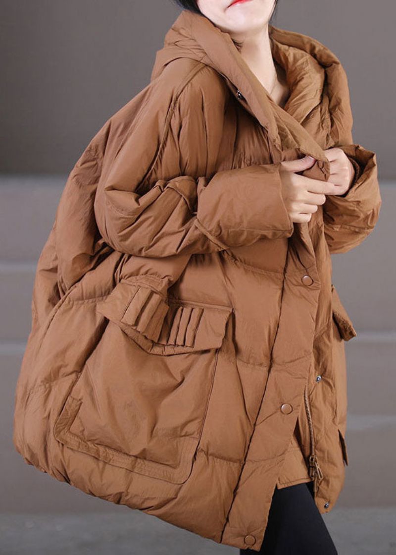 Caramel Warme Eendendons Pufferjack Met Capuchon Oversized Winter - Dames donsjacks