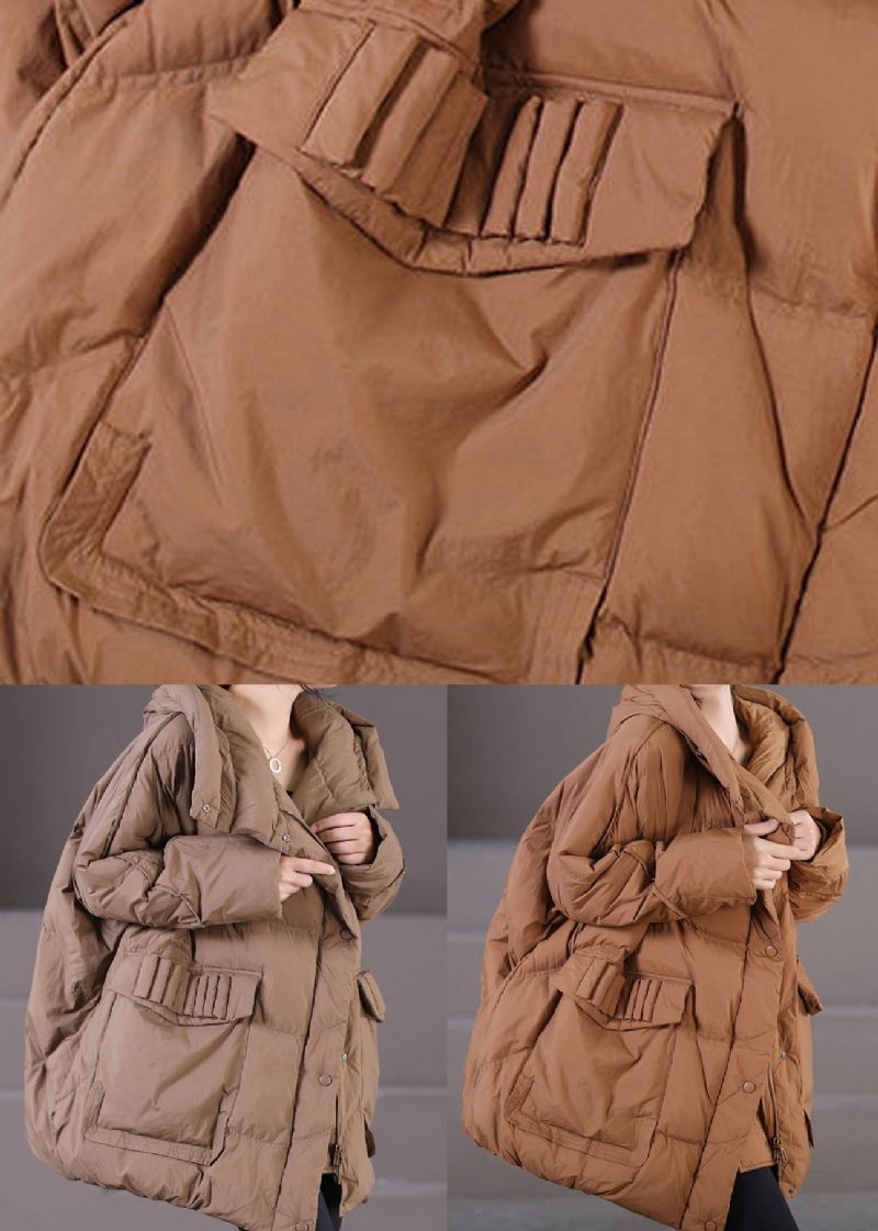 Caramel Warme Eendendons Pufferjack Met Capuchon Oversized Winter - Dames donsjacks