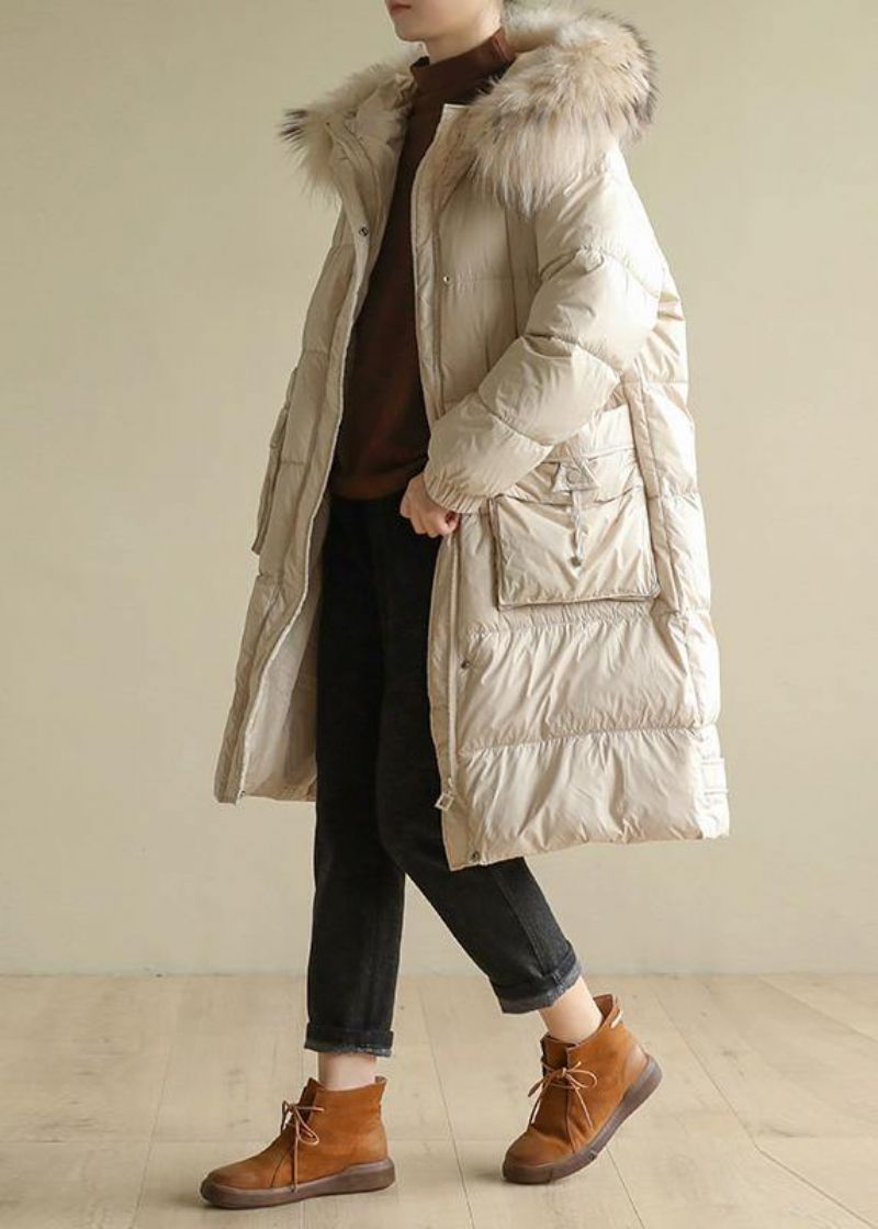 Casual Beige Warme Winterjas Oversized Met Capuchon Nepbontkraag Nieuwe Winteroutwear - Dames donsjacks