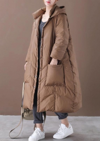 Casual Chocolade Ganzendons Jas Plus Size Kleding Sneeuwjassen Met Capuchon Button Down Kwaliteitsjassen