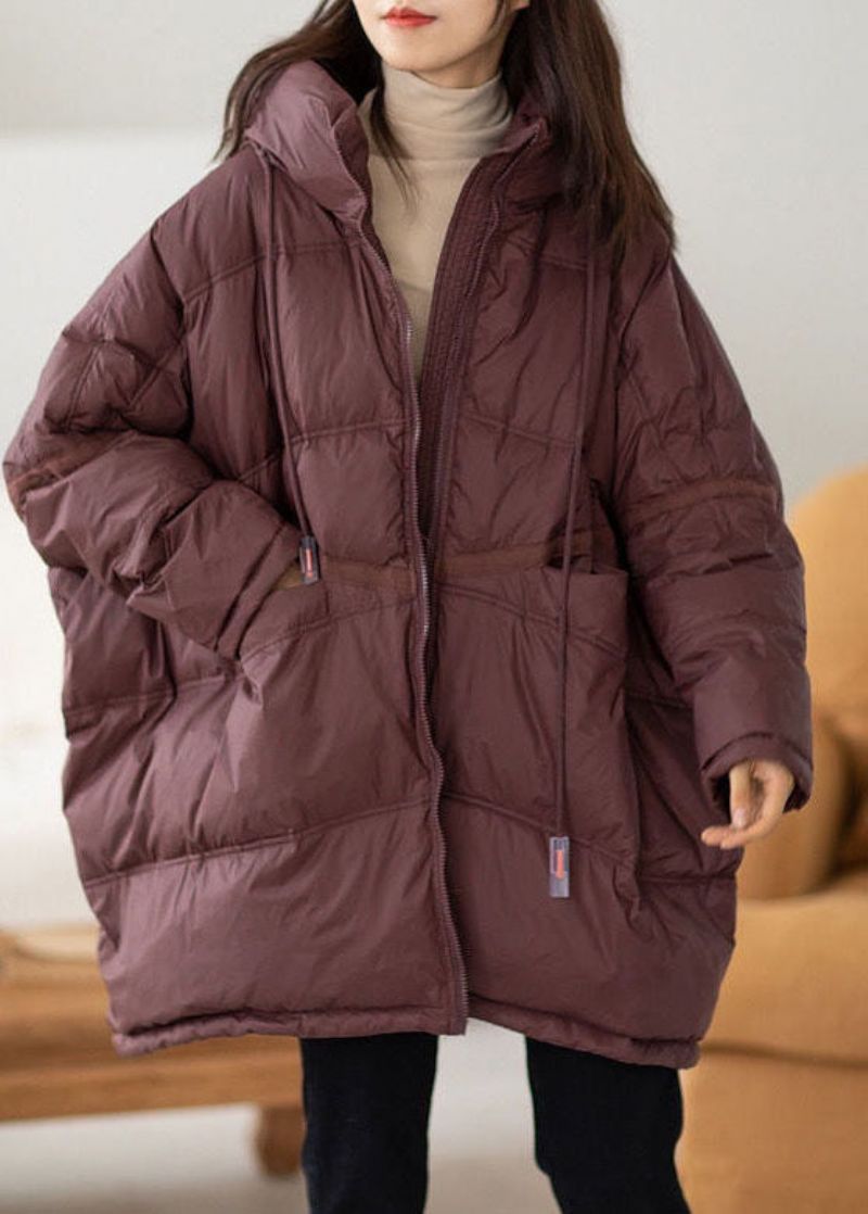 Casual Chocoladekleurige Capuchon Oversized Trekkoord Dikke Canada Goose Jas Vleermuismouw - Dames donsjacks