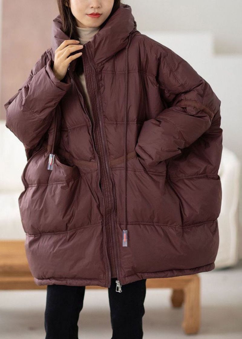 Casual Chocoladekleurige Capuchon Oversized Trekkoord Dikke Canada Goose Jas Vleermuismouw - Dames donsjacks