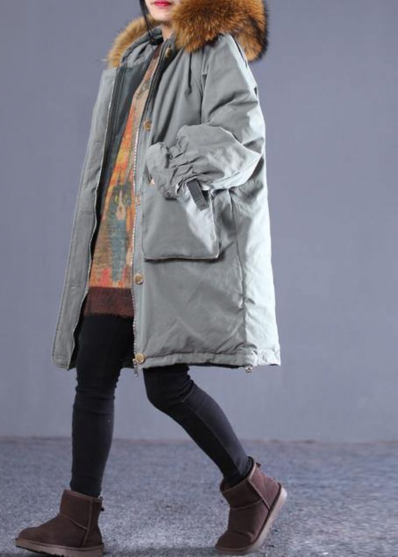 Casual Grijsgroene Eendendonsjas Oversized Donsjack Winterjas Met Capuchon Uitlopende Mouwen En Bontkraag - Dames donsjacks