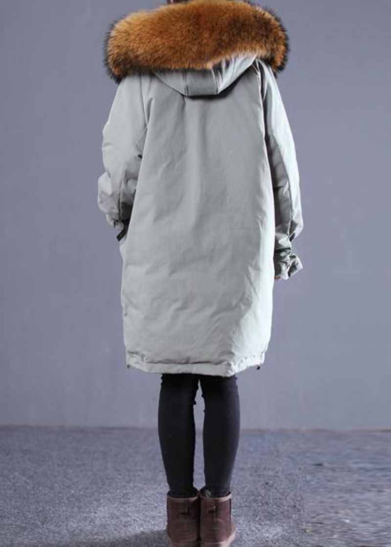 Casual Grijsgroene Eendendonsjas Oversized Donsjack Winterjas Met Capuchon Uitlopende Mouwen En Bontkraag - Dames donsjacks