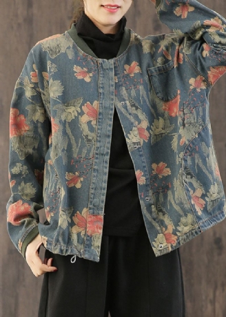 Casual Herfst-denimjas Met Retro Print En Knopen