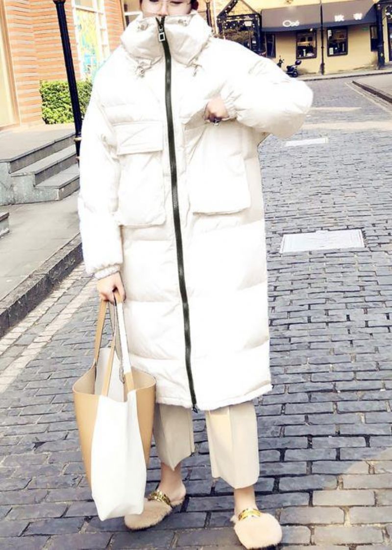 Casual Loszittende Damesparka Winteroutwear Witte Opstaande Kraag Cinched Eendendonsjas