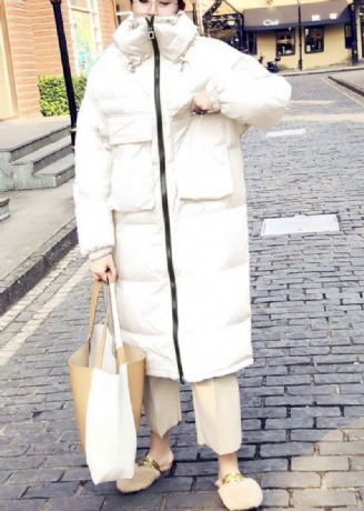 Casual Loszittende Damesparka Winteroutwear Witte Opstaande Kraag Cinched Eendendonsjas